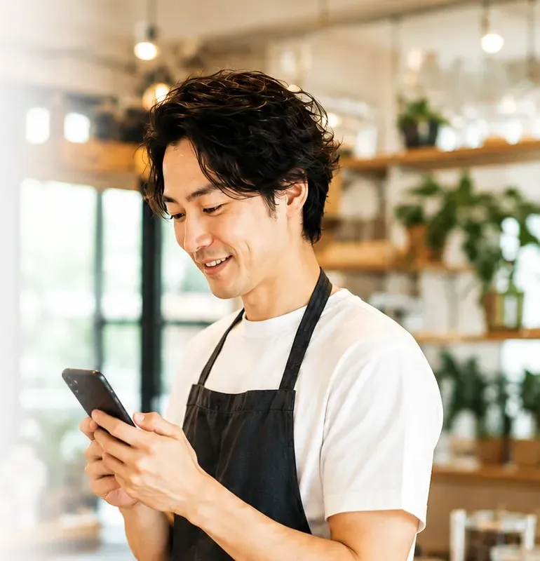 店舗オーナーがスマホを見る